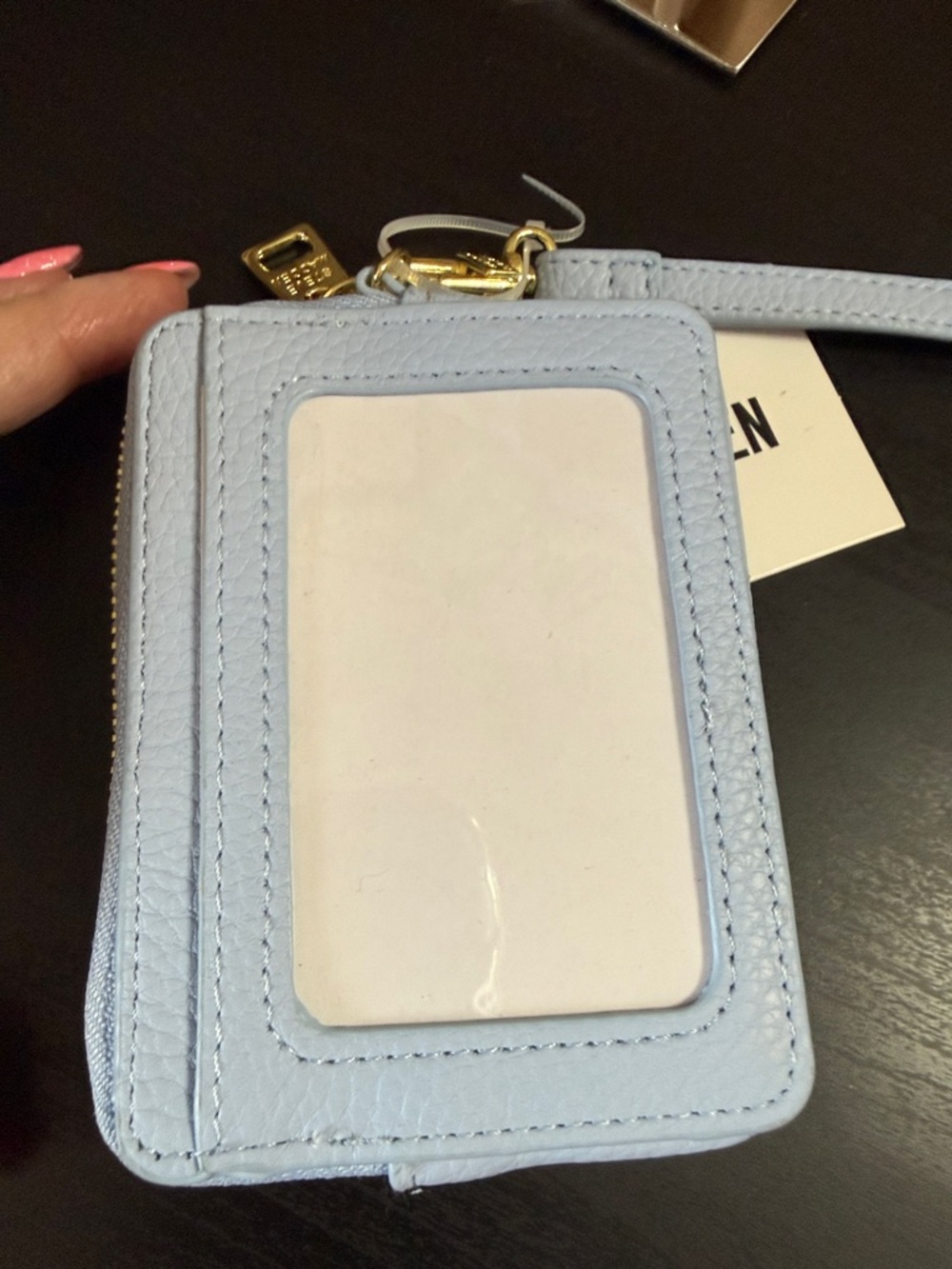 Steve Madden Pale Blue Pebbled Leather Card Case with Gold Logo - Picture 4 of 5